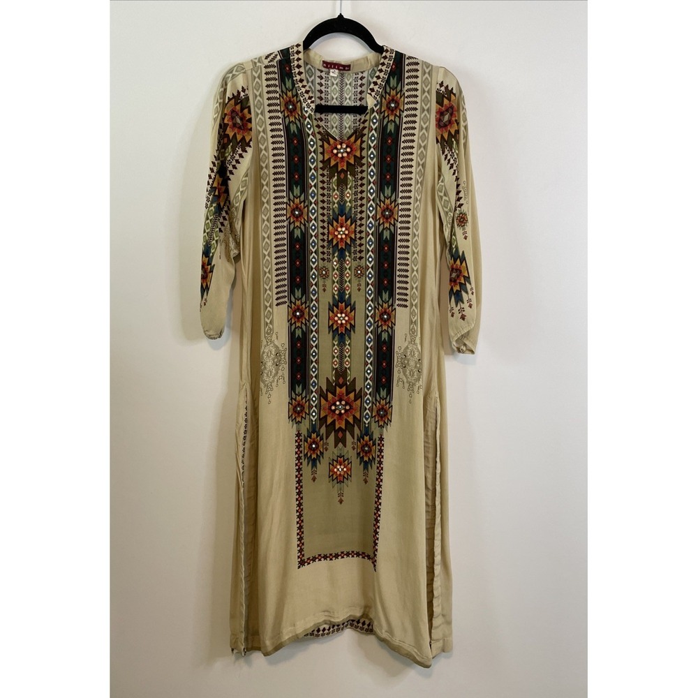 Nilima M Beige Multicolor Tribal Print Midi Kaftan Dress Boho Tunic